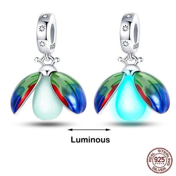Glow in Dark Firefly Charm S925 Sterling Silver Dangle w/ Moveable Wings - Picture 3 of 9